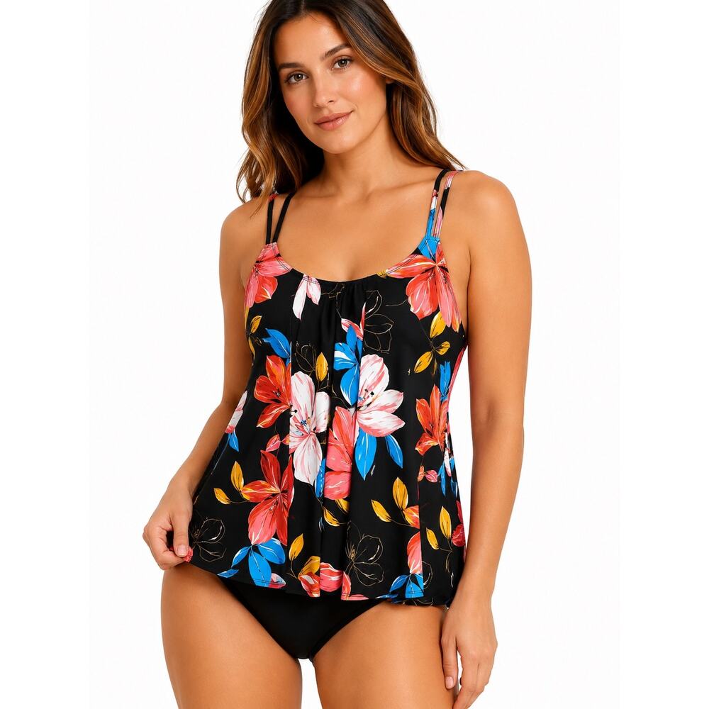 Swim Solutions Floral Tankini Top Size 12 NWT Tummy Control Blouson Swim Top